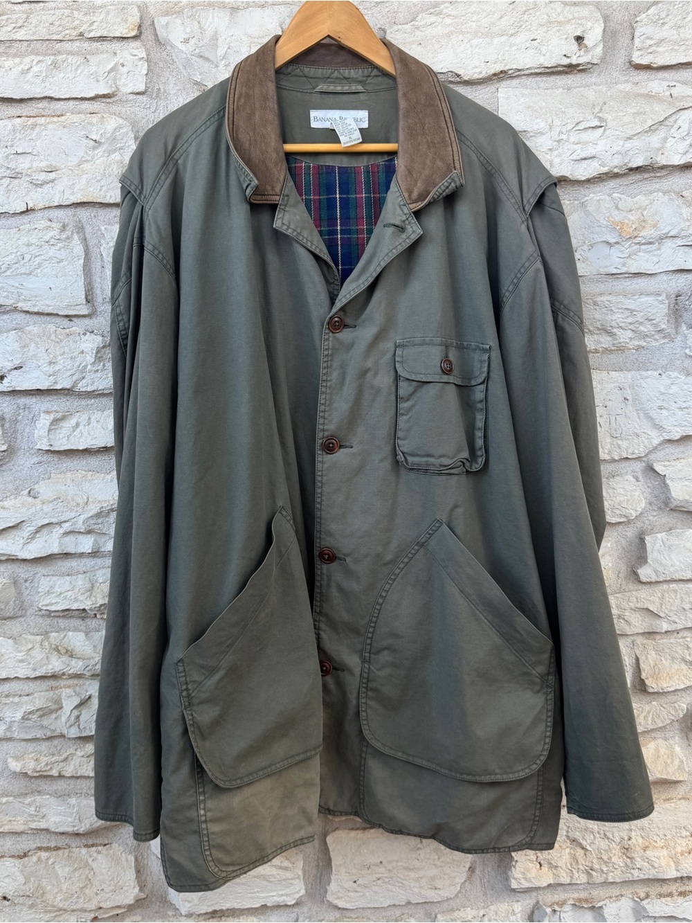 Banana Republic Olive Green Field Jacket with Brown Leather Collar